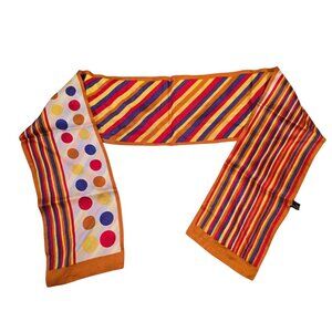 Vintage Twill Scarf Stripe Dot Print Colorful Retro Mod Hand Printed 40x5 Y2K